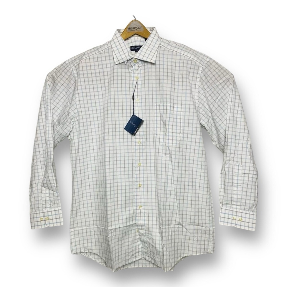Coppley Mens White w/ Blue & Brown Check L/S Cotton Btn‎ Down w/ Pocket Size 17L